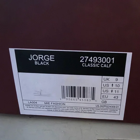 Dr. Martens Leather Jorge Black Classic Calf Men:Size 11 Women: 10NEW IN BOX